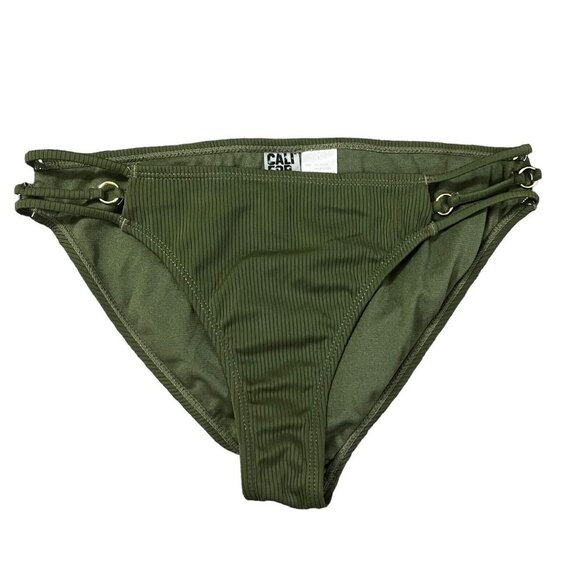 New California Waves Jr's Large Green Moss Ribbed Strappy Hipster Bikini Bottoms - Picture 2 of 9